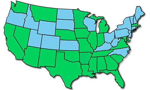 US Map showing renewable energy coverage areas highlighted in green.