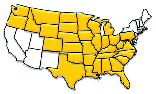 US Map showing wireless coverage areas highlighted in yellow.